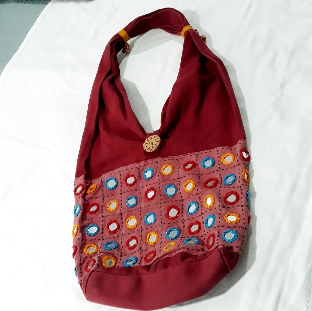 Boho Bag Shoulder/Crossbody Red and Multicolor With Mirrors Designed